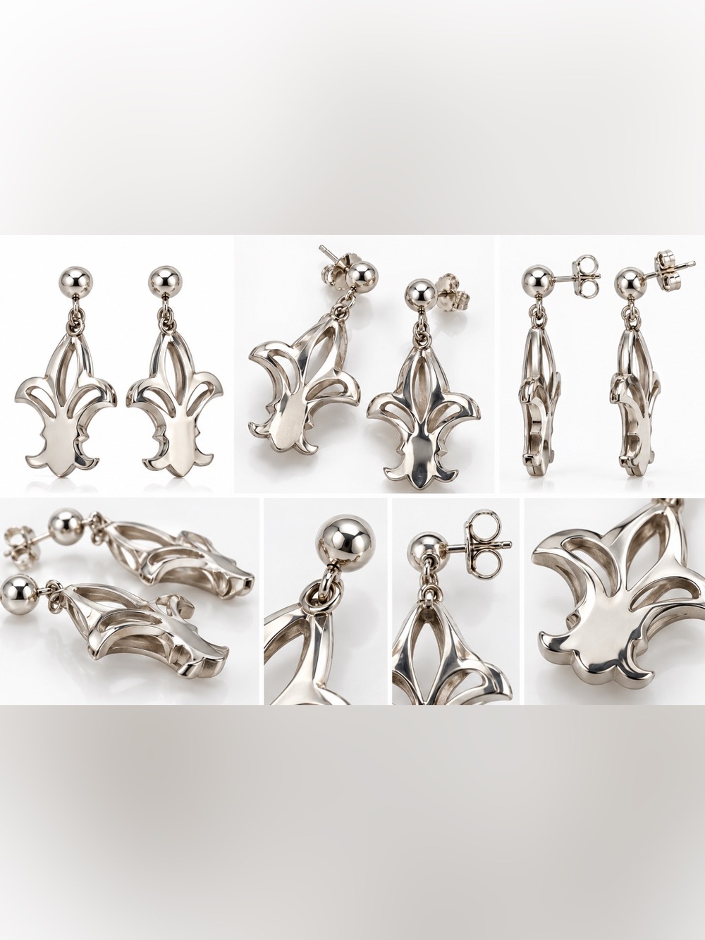 NWT .925 Sterling Silver Fleur de Lis Sculptural Dangle Earrings